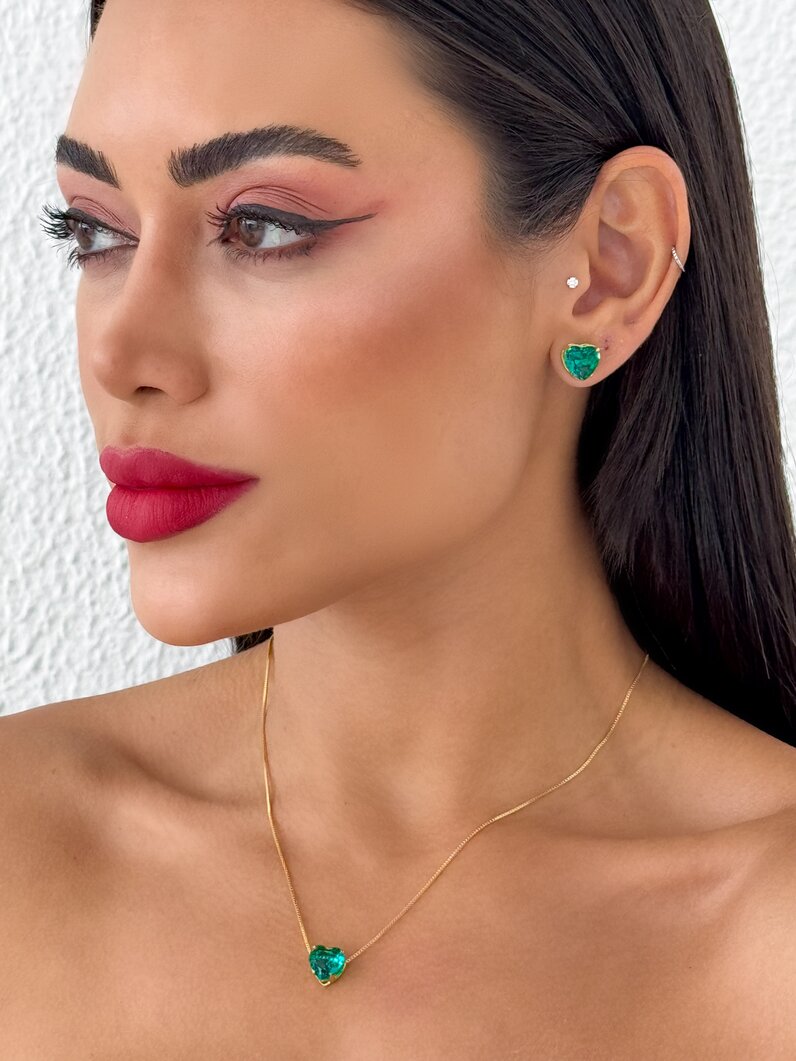 Conjunto Colar e Brinco Folheado a Ouro 18k e Prata Ponto de Luz Coração