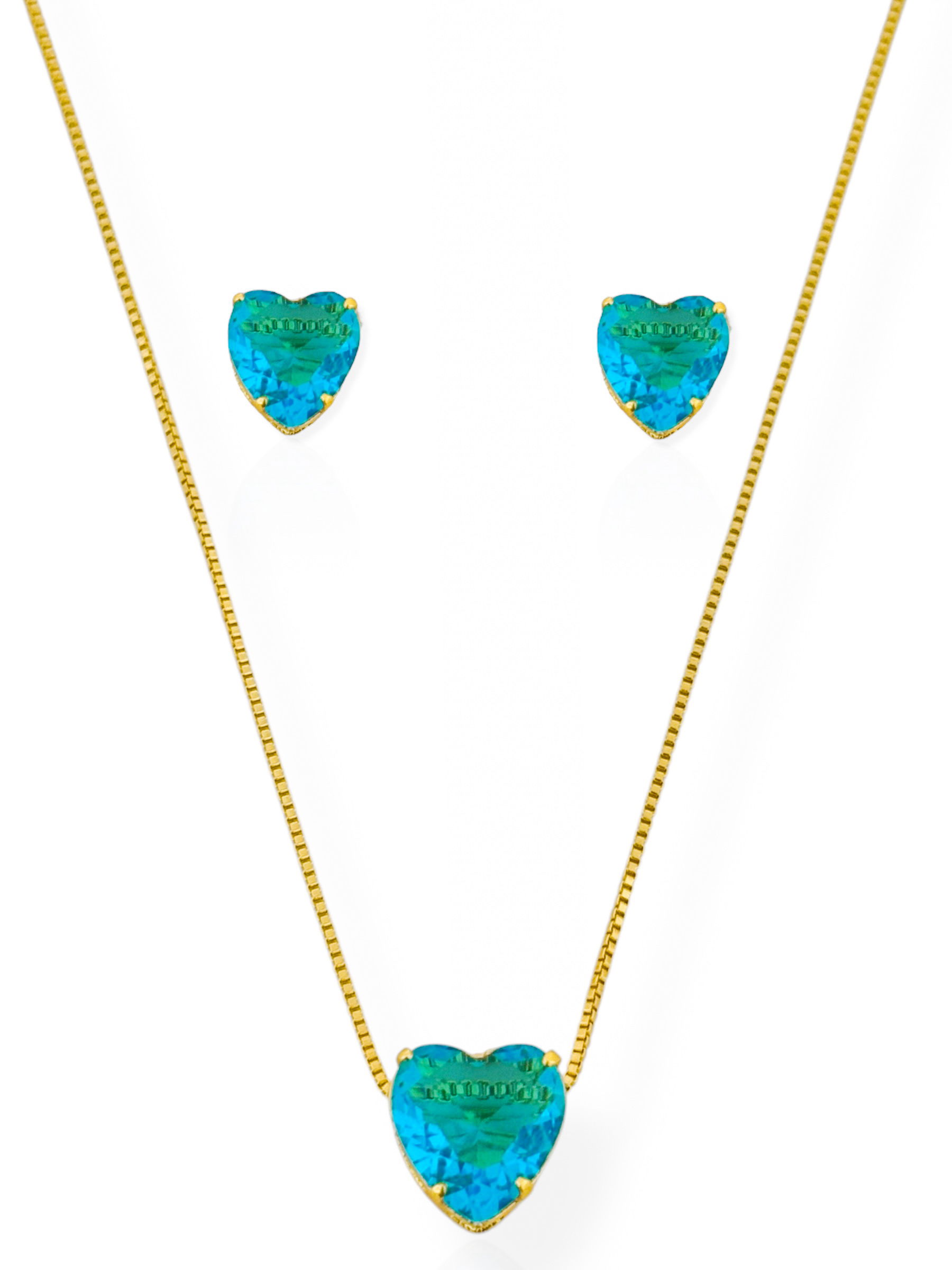 Conjunto Colar e Brinco Folheado a Ouro 18k e Prata Ponto de Luz Coração