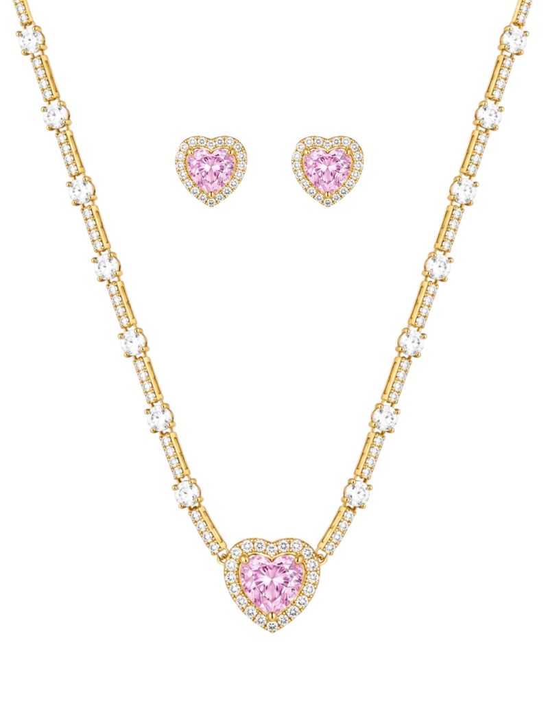 Conjunto Colar e Brinco Folheado a Ouro 18k e Prata Corações Cristal Colorido