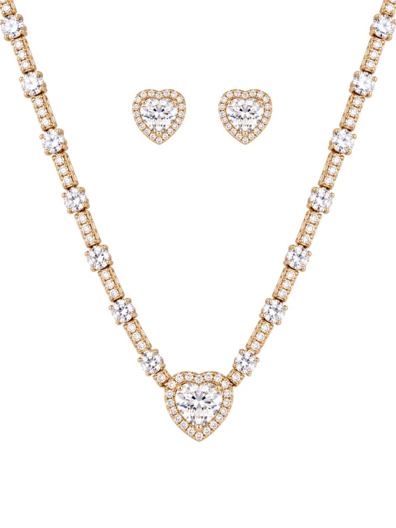 Conjunto Colar e Brinco Folheado a Ouro 18k e Prata Corações Cristal Colorido