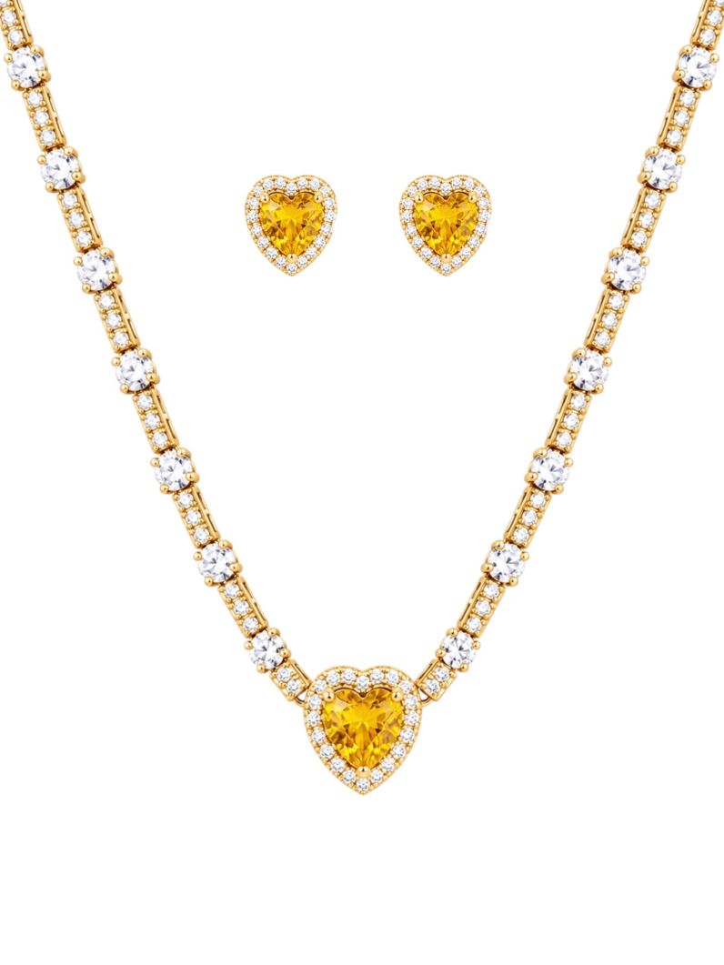 Conjunto Colar e Brinco Folheado a Ouro 18k e Prata Corações Cristal Colorido