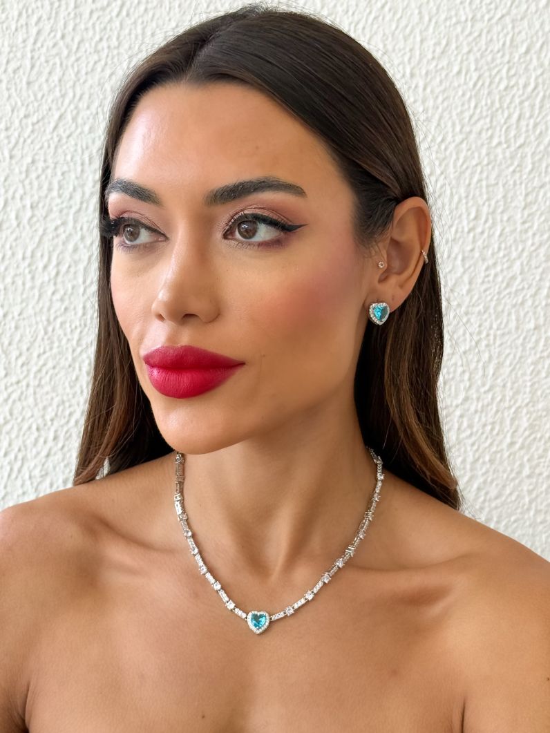 Conjunto Colar e Brinco Folheado a Ouro 18k e Prata Corações Cristal Colorido