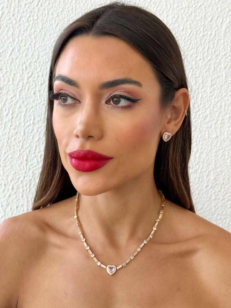 Conjunto Colar e Brinco Folheado a Ouro 18k e Prata Corações Cristal Colorido