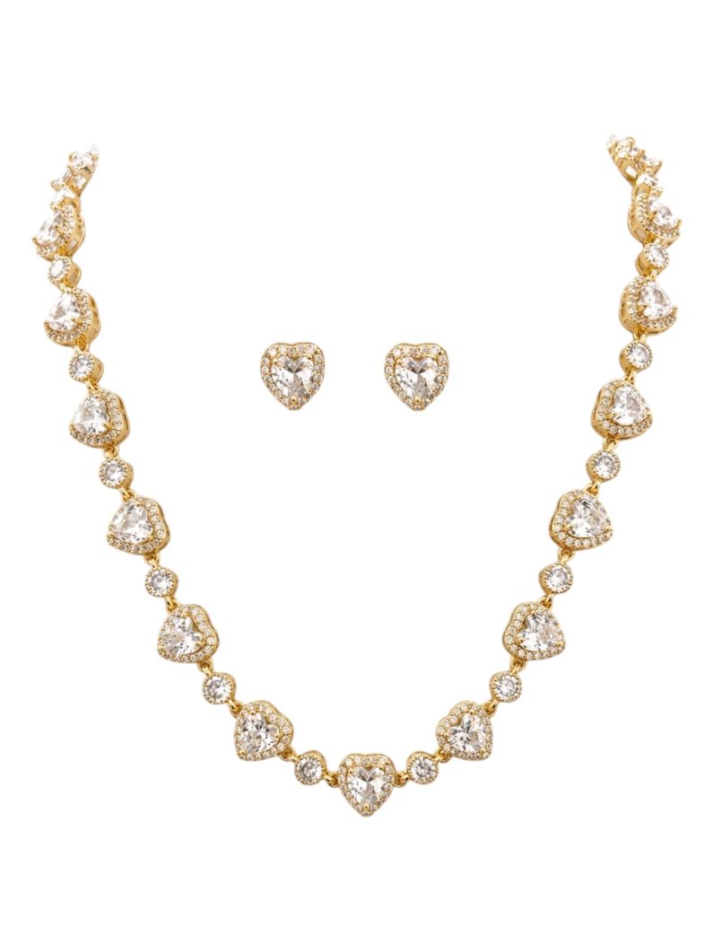 Conjunto Colar e Brinco Folheado a Ouro 18k e Prata Corações de Cristais