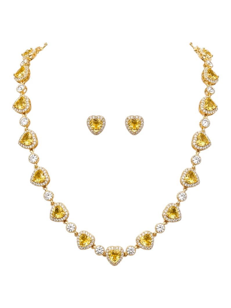 Conjunto Colar e Brinco Folheado a Ouro 18k e Prata Corações de Cristais