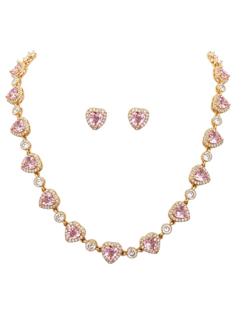 Conjunto Colar e Brinco Folheado a Ouro 18k e Prata Corações de Cristais