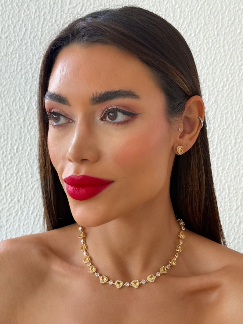 Conjunto Colar e Brinco Folheado a Ouro 18k e Prata Corações de Cristais