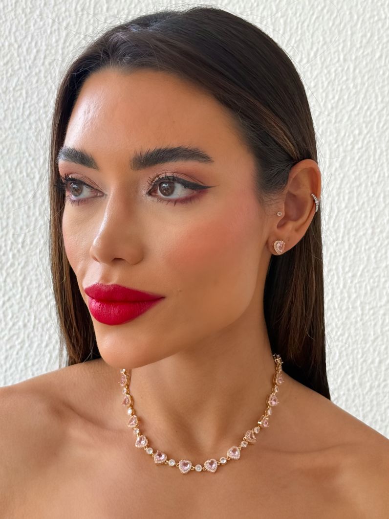 Conjunto Colar e Brinco Folheado a Ouro 18k e Prata Corações de Cristais
