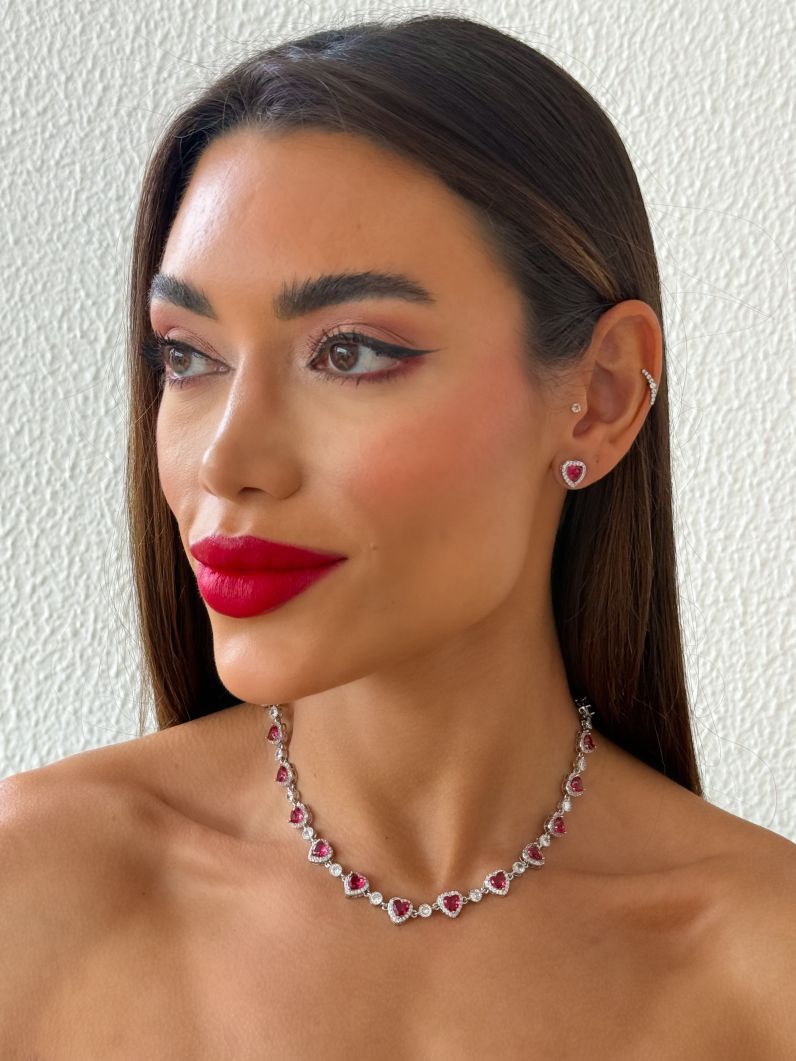 Conjunto Colar e Brinco Folheado a Ouro 18k e Prata Corações de Cristais