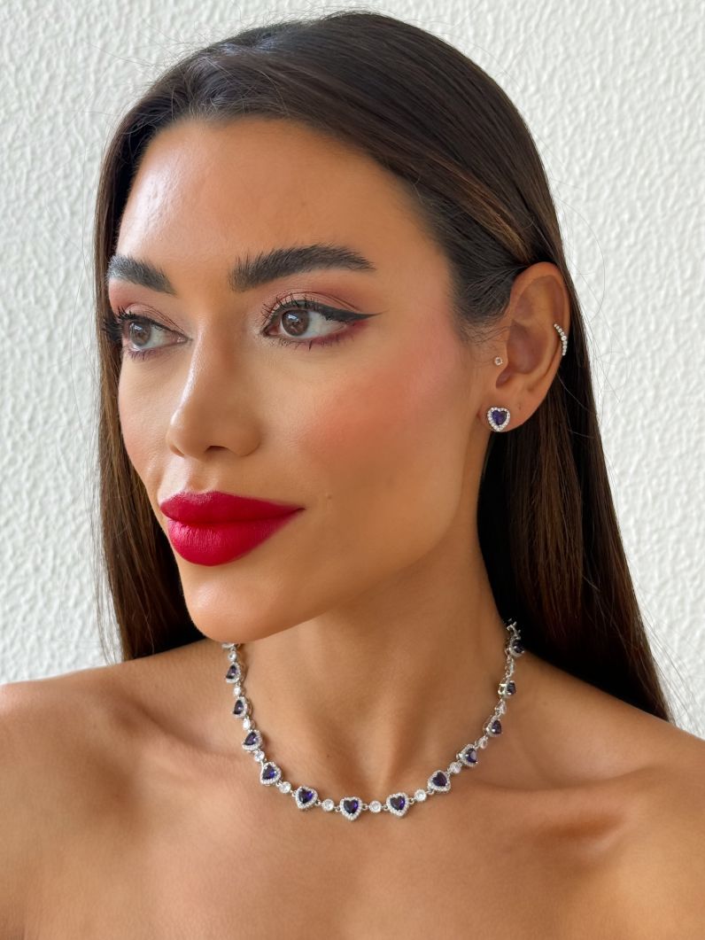 Conjunto Colar e Brinco Folheado a Ouro 18k e Prata Corações de Cristais