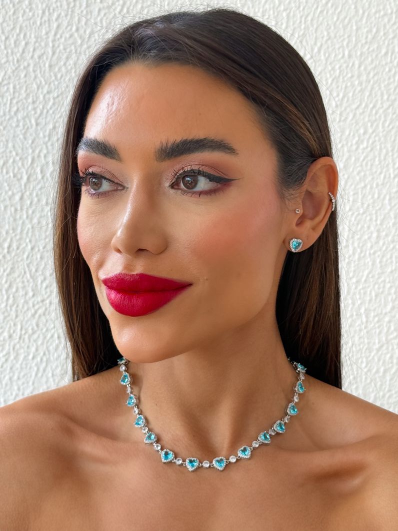 Conjunto Colar e Brinco Folheado a Ouro 18k e Prata Corações de Cristais
