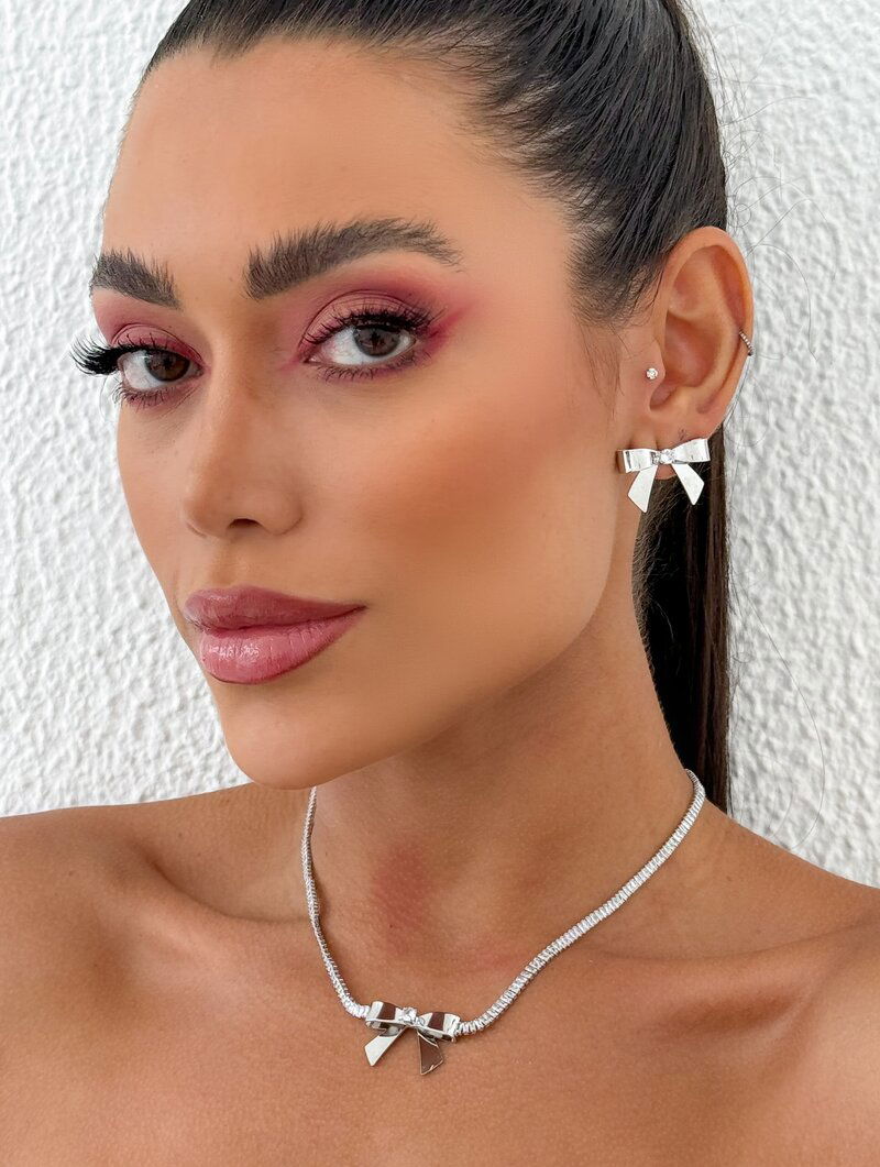 Conjunto Colar e Brinco Folheado a Ouro 18k e Prata Corrente de Navetes com Laço