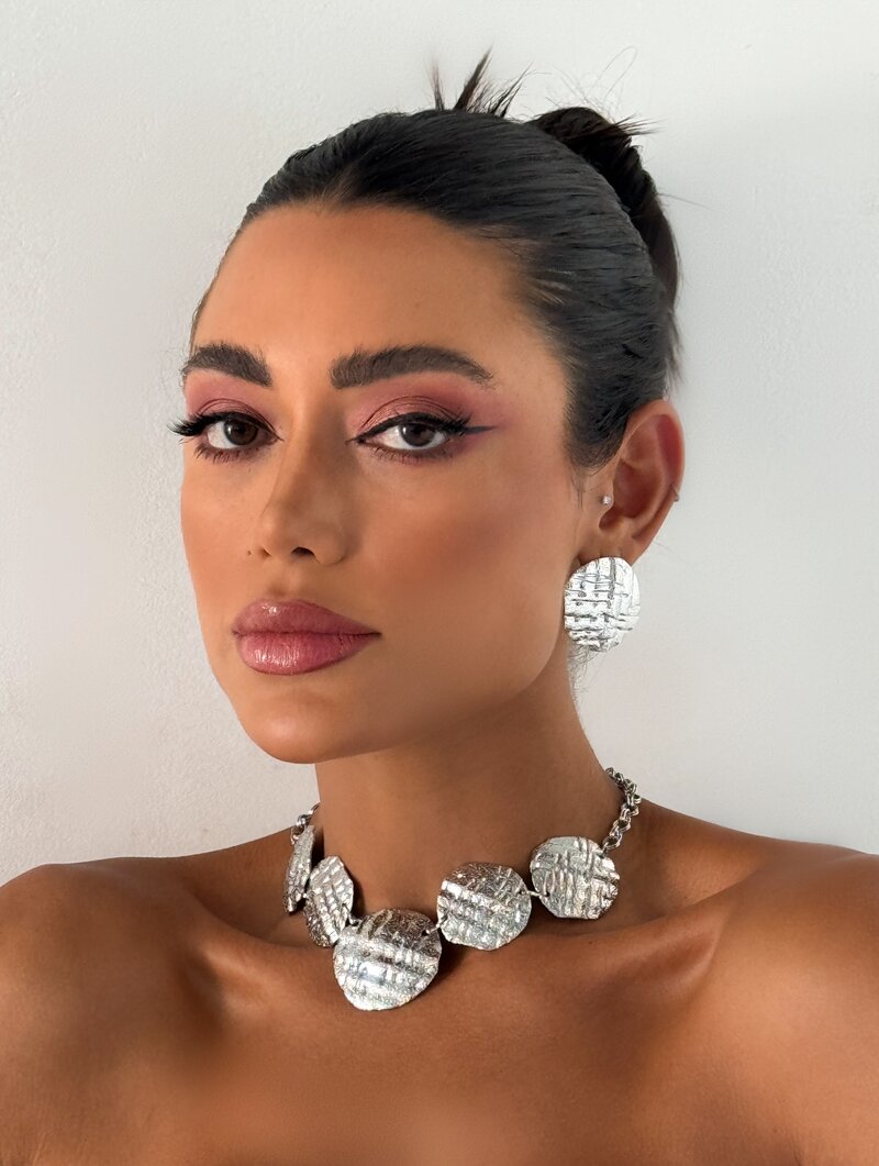 Conjunto Colar e Brinco Folheado a Ouro 18k e Prata Corrente Elos com Bottons Martelados