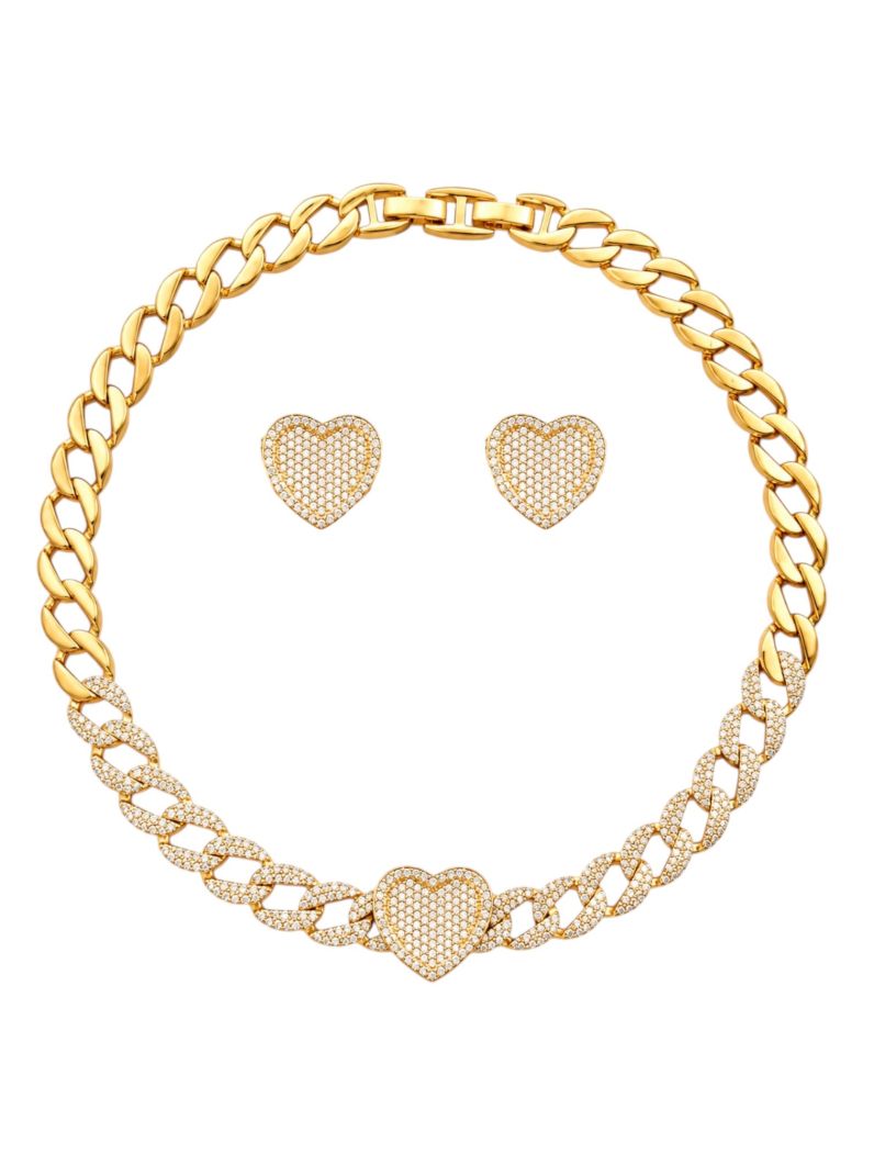 Conjunto Colar e Brinco Folheado a Ouro 18k e Prata Elos e Coração Cravejado