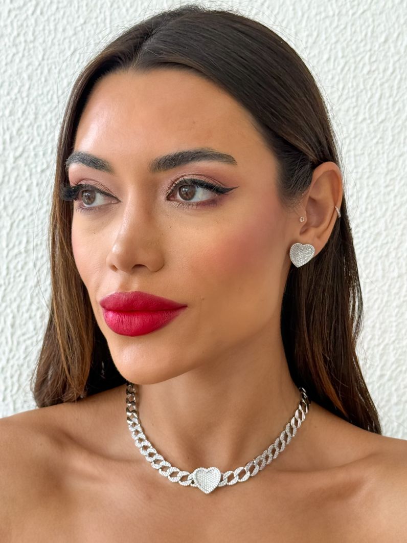Conjunto Colar e Brinco Folheado a Ouro 18k e Prata Elos e Coração Cravejado