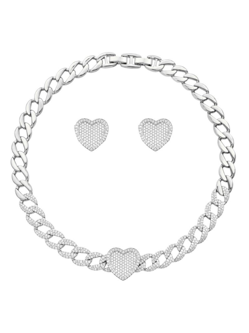 Conjunto Colar e Brinco Folheado a Ouro 18k e Prata Elos e Coração Cravejado