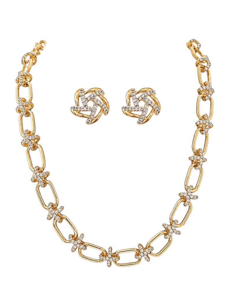 Conjunto Colar e Brinco Folheado a Ouro 18k e Prata Elos Liso e Cravejado