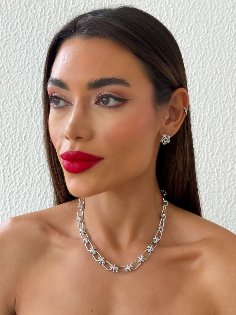 Conjunto Colar e Brinco Folheado a Ouro 18k e Prata Elos Liso e Cravejado