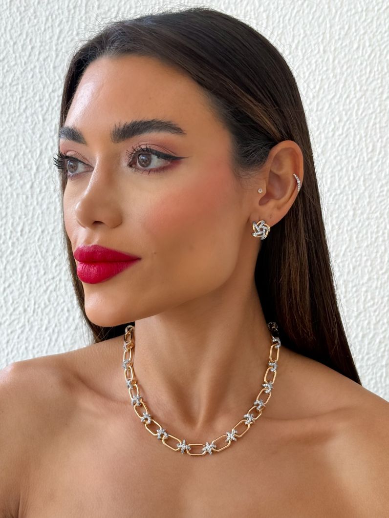 Conjunto Colar e Brinco Folheado a Ouro 18k e Prata Elos Liso e Cravejado