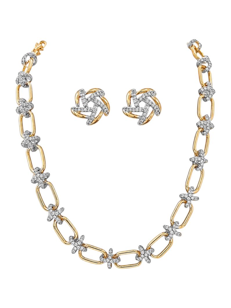 Conjunto Colar e Brinco Folheado a Ouro 18k e Prata Elos Liso e Cravejado
