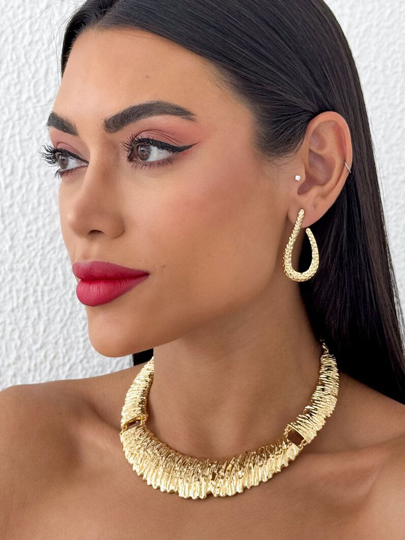 Conjunto Colar e Brinco Folheado a Ouro 18k e Prata Escovado