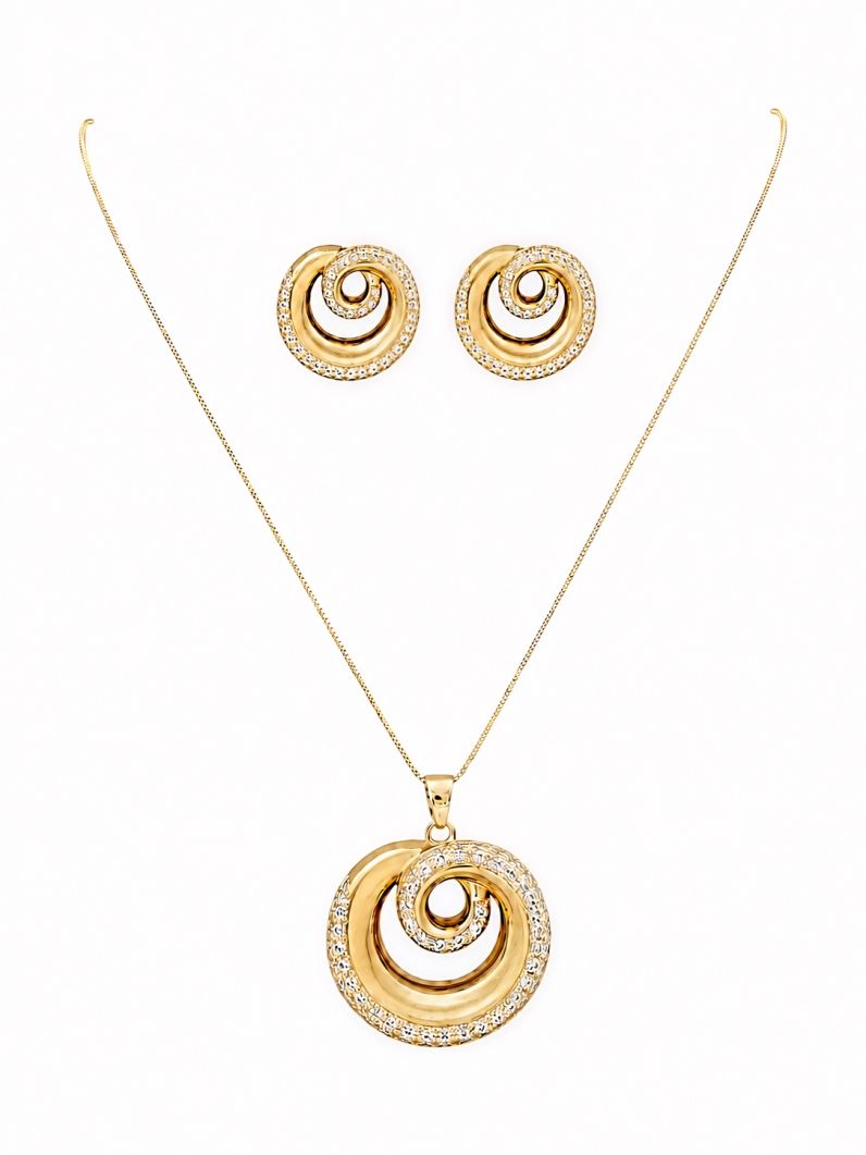 Conjunto Colar e Brinco Folheado a Ouro 18k e Prata Espiral Cravejado
