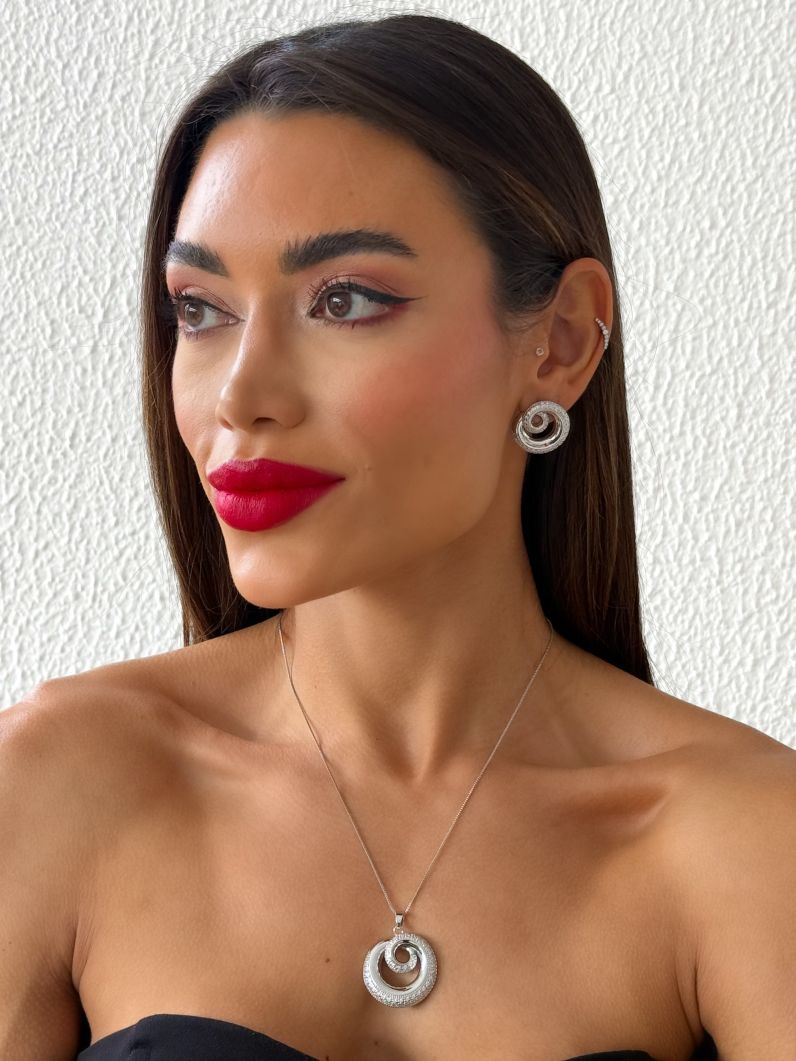 Conjunto Colar e Brinco Folheado a Ouro 18k e Prata Espiral Cravejado