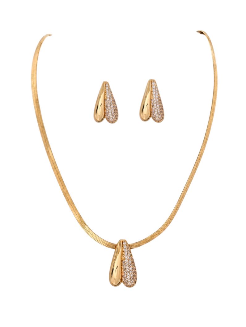 Conjunto Colar e Brinco Folheado a Ouro 18k e Prata Fita Laminada Com Coração Liso e Cravejado