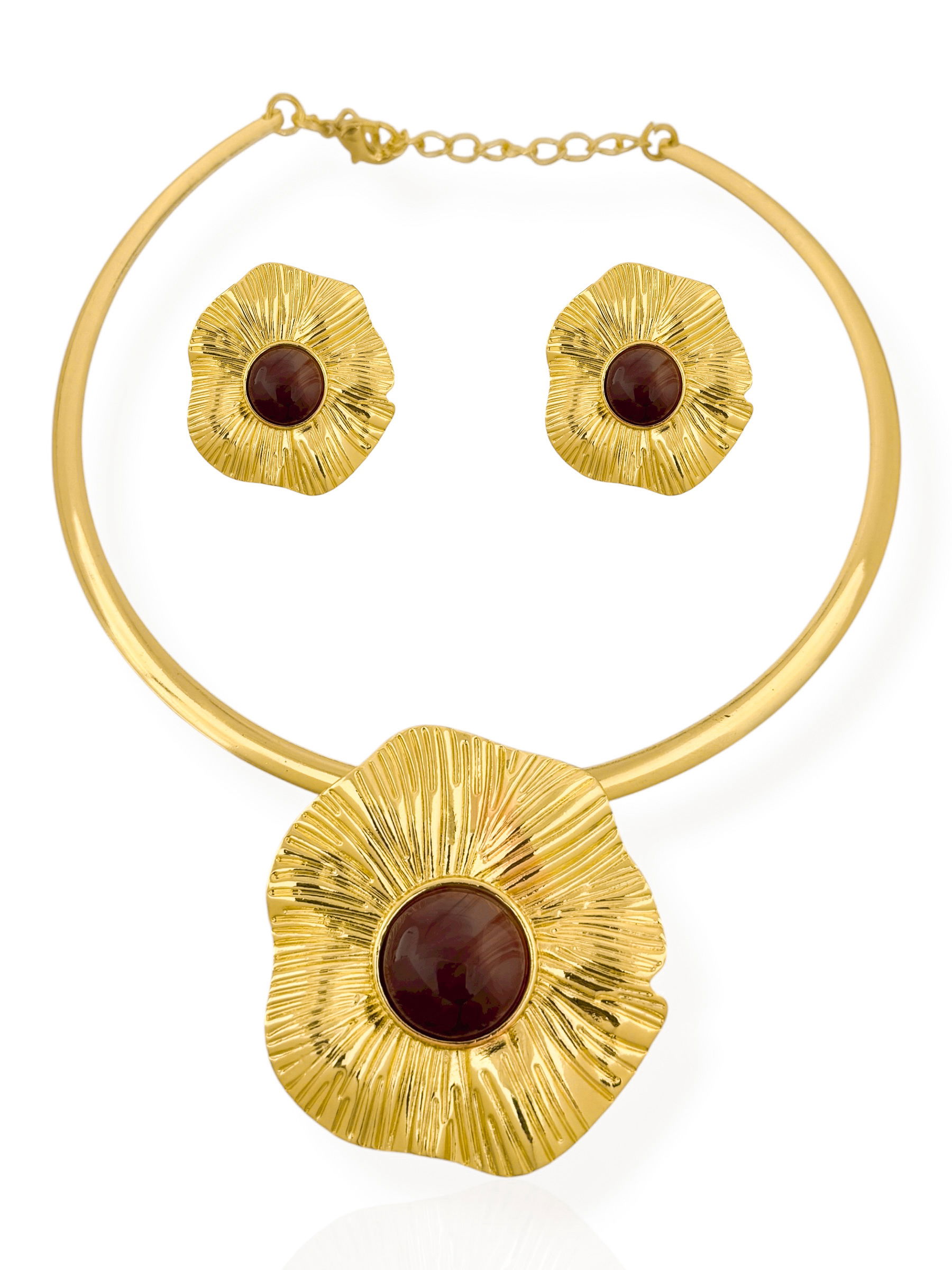 Conjunto Colar e Brinco Folheado a Ouro 18k e Prata Flor Texturizada com Pedras