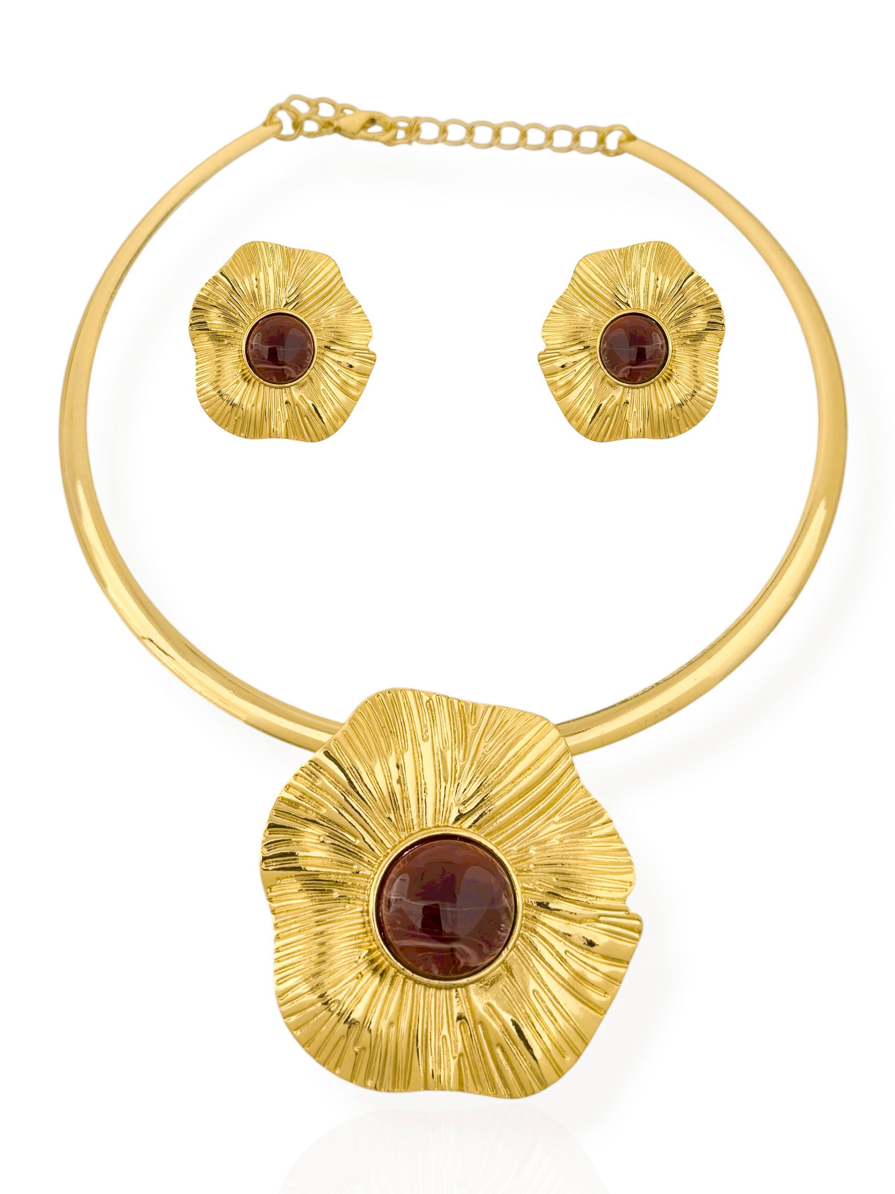 Conjunto Colar e Brinco Folheado a Ouro 18k e Prata Flor Texturizada com Pedras