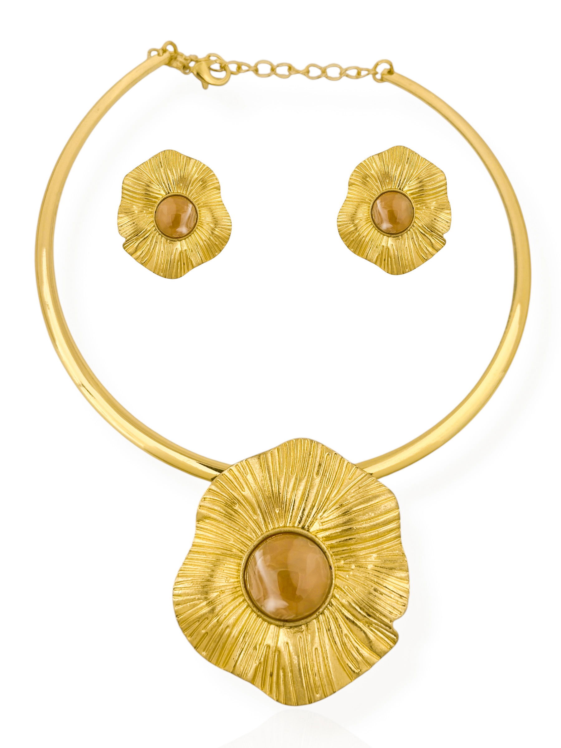 Conjunto Colar e Brinco Folheado a Ouro 18k e Prata Flor Texturizada com Pedras