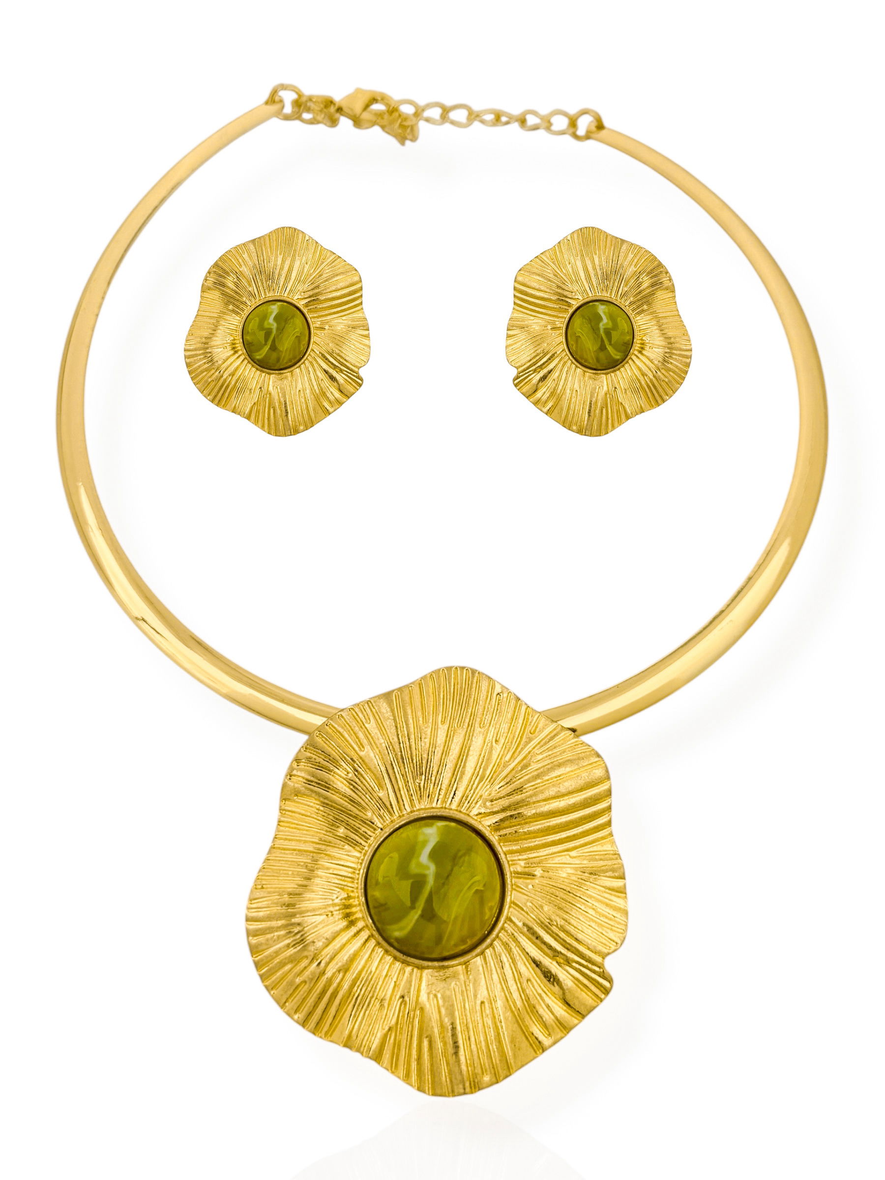 Conjunto Colar e Brinco Folheado a Ouro 18k e Prata Flor Texturizada com Pedras