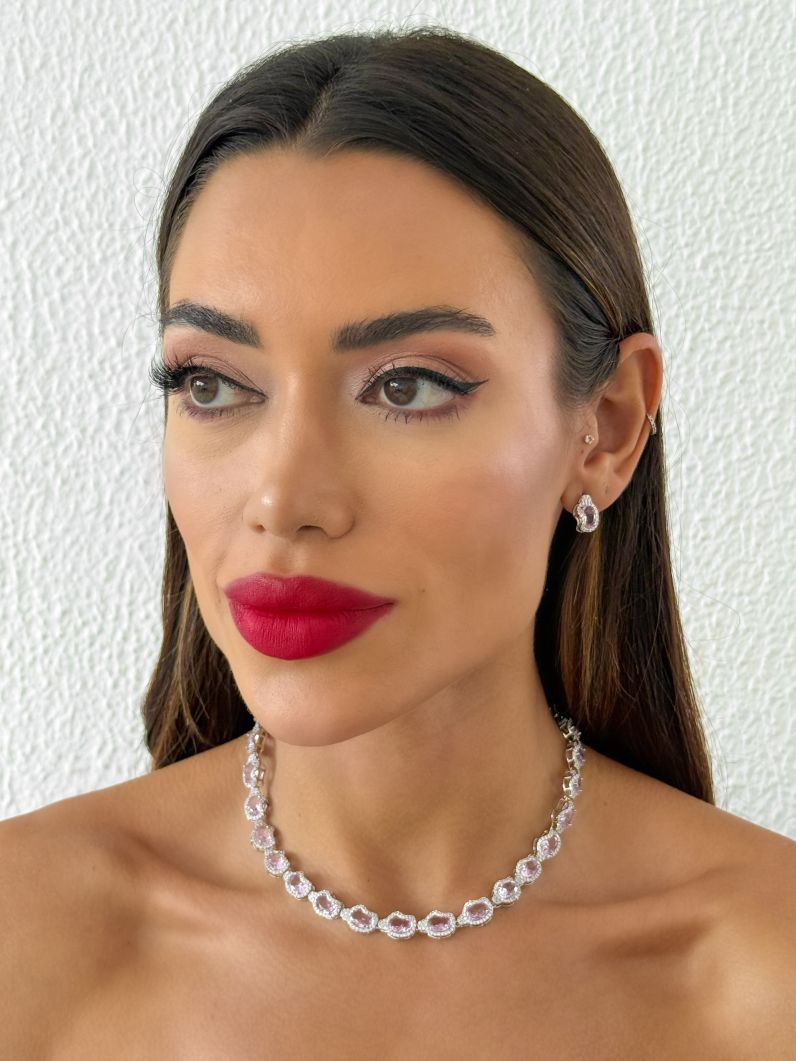 Conjunto Colar e Brinco Folheado a Ouro 18k e Prata Formas de Cristal Cravejado