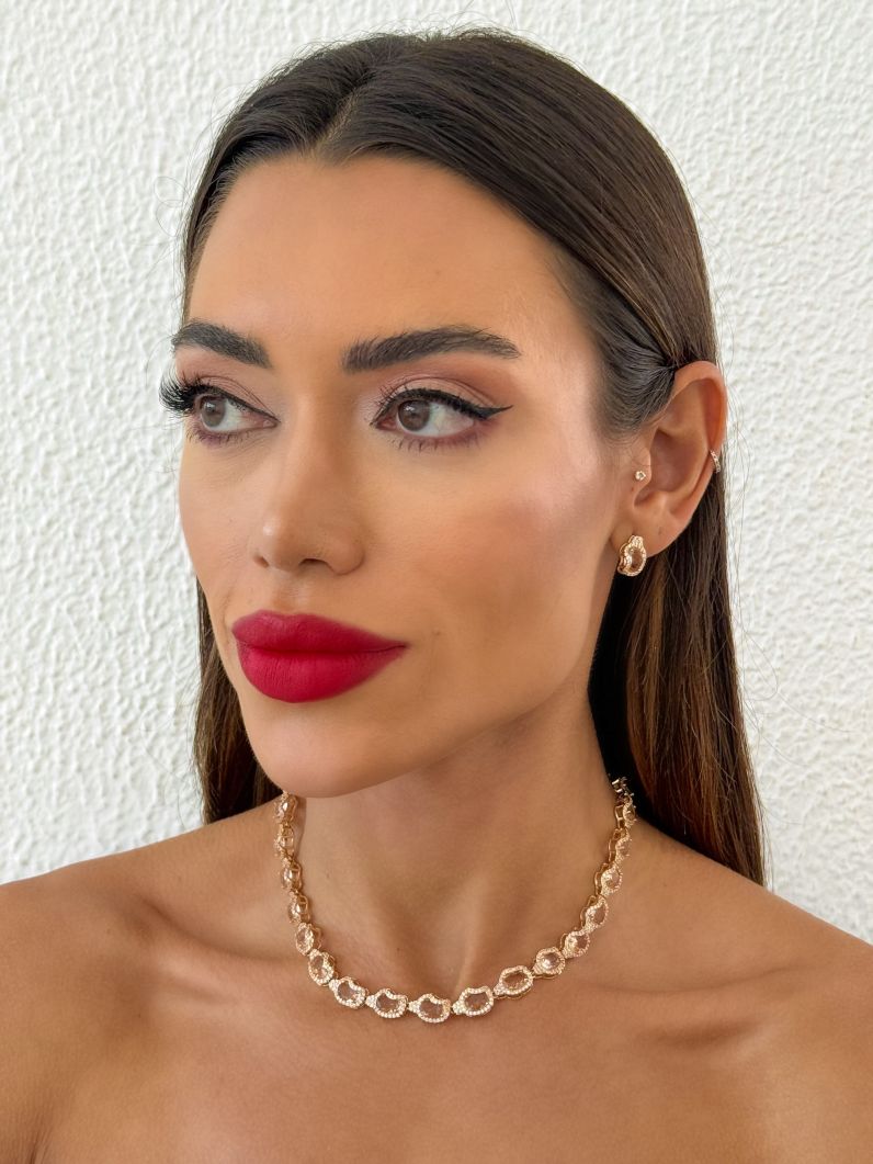 Conjunto Colar e Brinco Folheado a Ouro 18k e Prata Formas de Cristal Cravejado