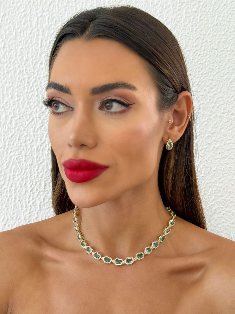 Conjunto Colar e Brinco Folheado a Ouro 18k e Prata Formas de Cristal Cravejado