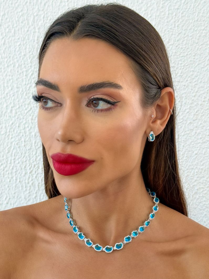 Conjunto Colar e Brinco Folheado a Ouro 18k e Prata Formas de Cristal Cravejado