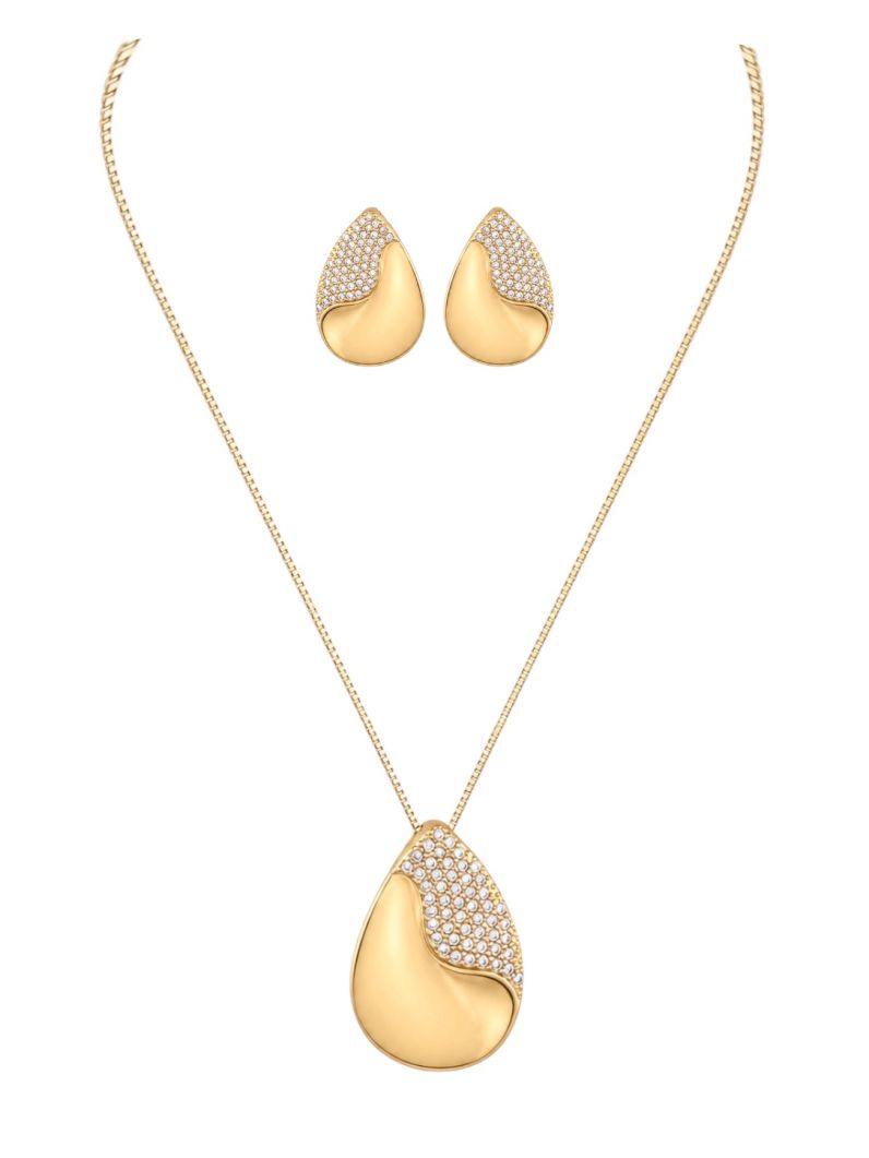 Conjunto Colar e Brinco Folheado a Ouro 18k e Prata Gota Cravejado e Liso