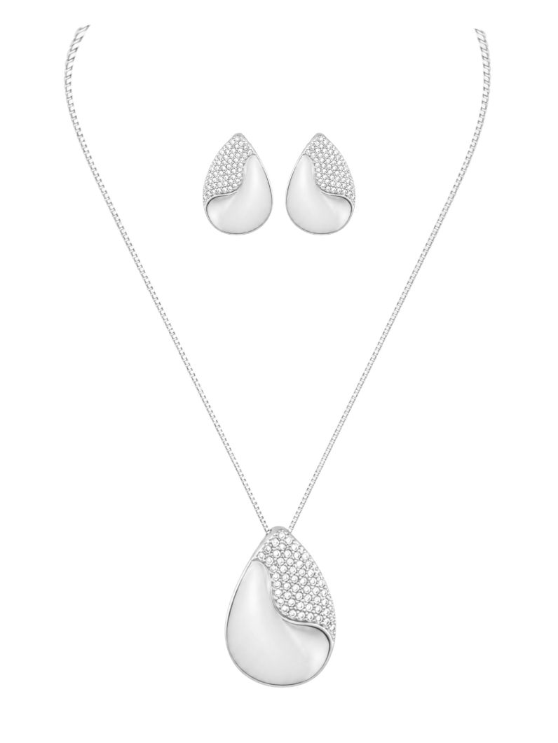Conjunto Colar e Brinco Folheado a Ouro 18k e Prata Gota Cravejado e Liso