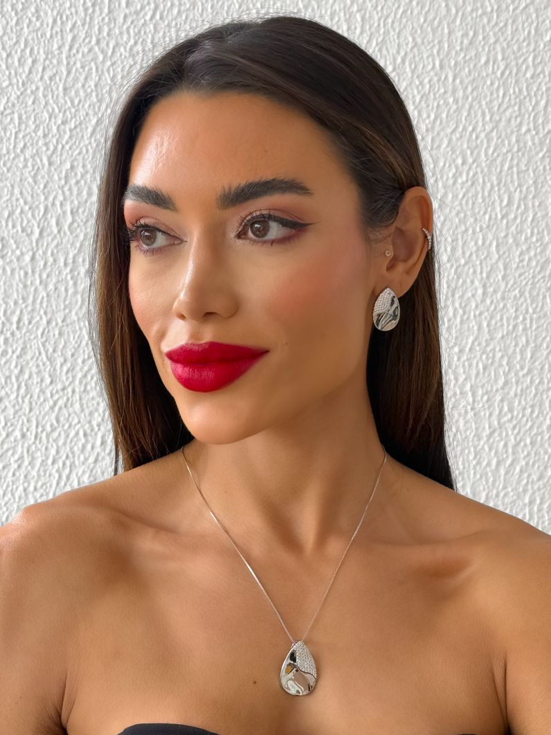 Conjunto Colar e Brinco Folheado a Ouro 18k e Prata Gota Cravejado e Liso