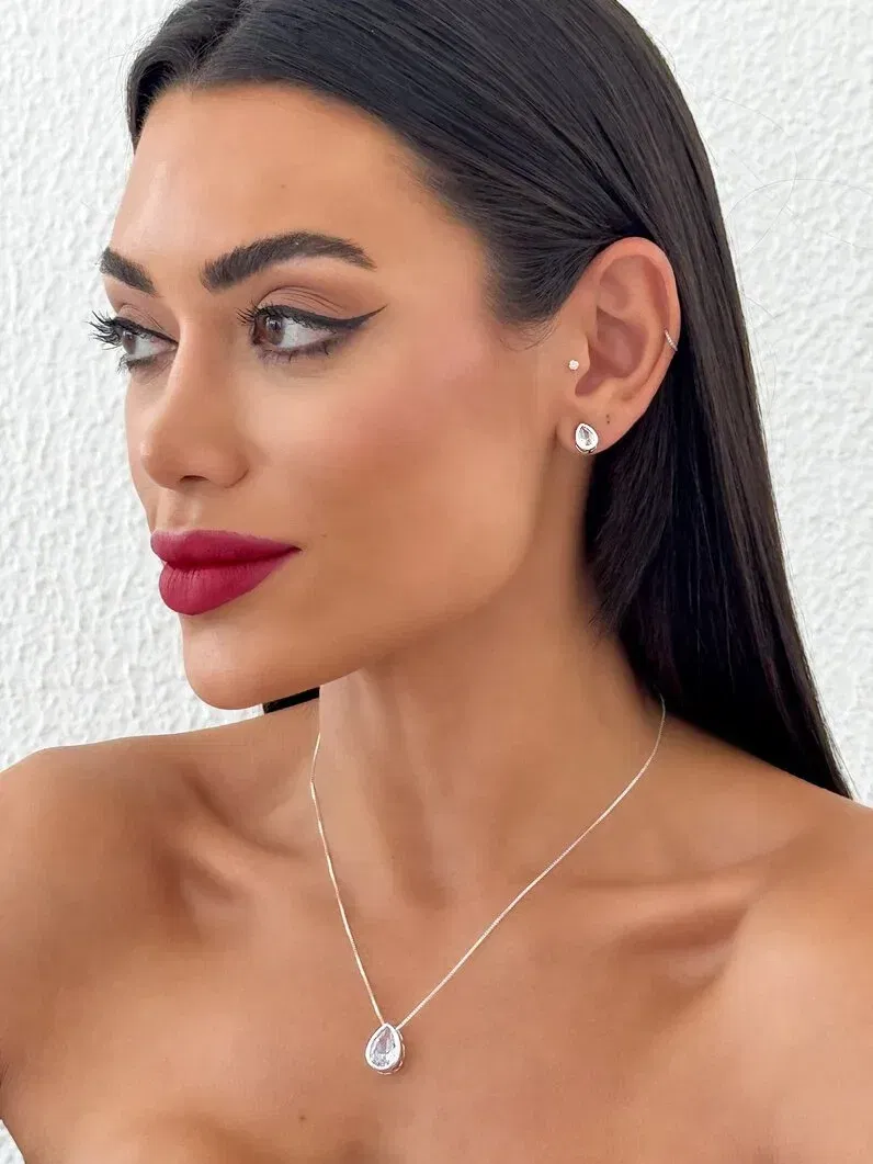 Conjunto Colar e Brinco Folheado a Ouro 18k e Prata Gota Cristal Colorido