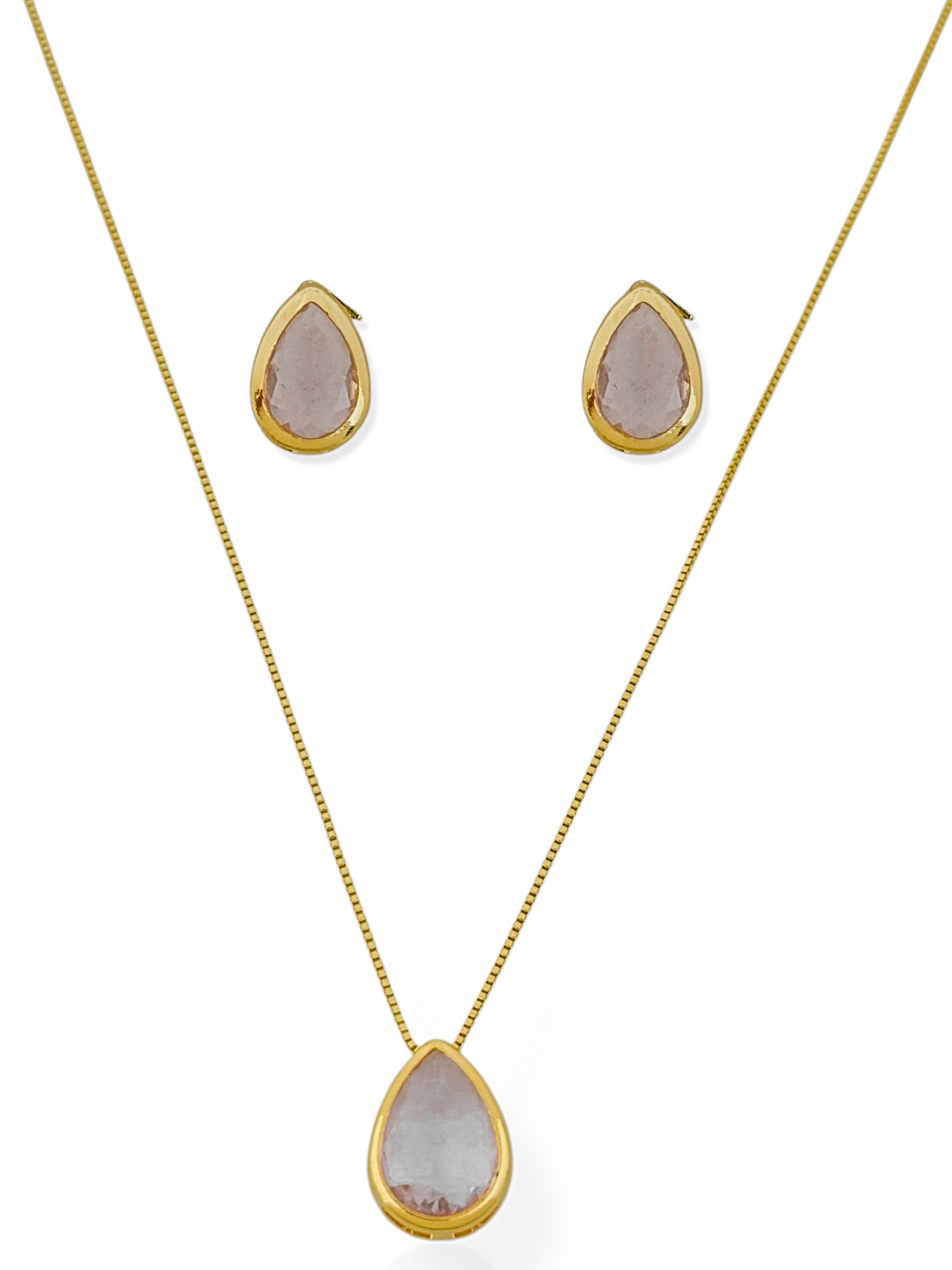 Conjunto Colar e Brinco Folheado a Ouro 18k e Prata Gota Cristal Colorido