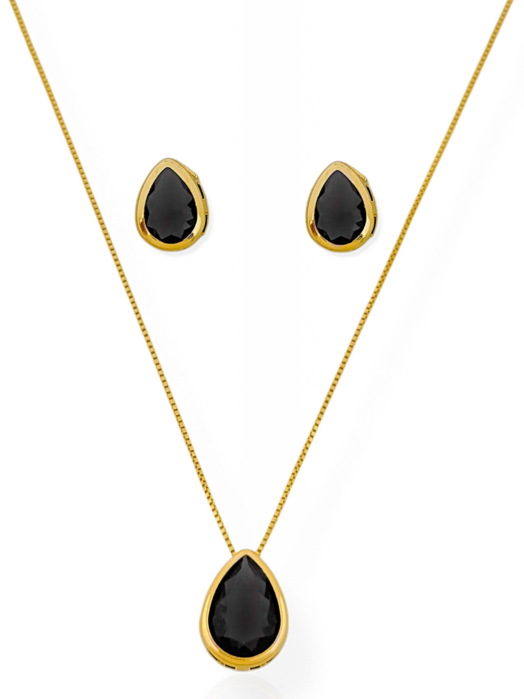 Conjunto Colar e Brinco Folheado a Ouro 18k e Prata Gota Cristal Colorido