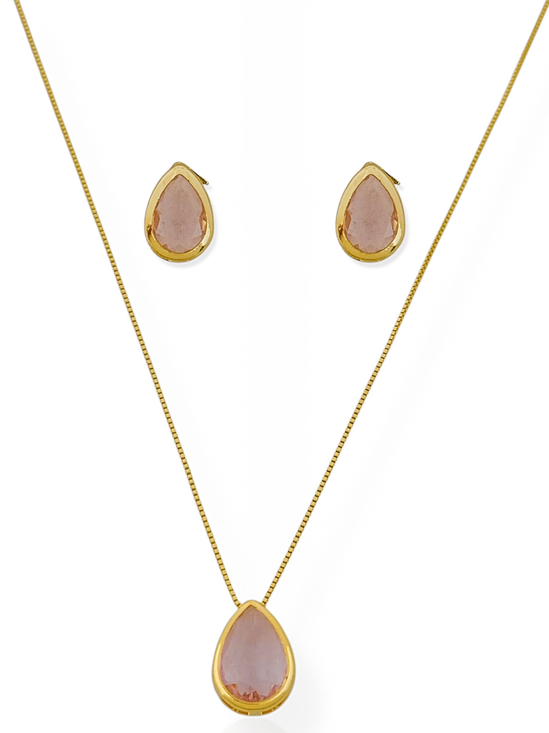 Conjunto Colar e Brinco Folheado a Ouro 18k e Prata Gota Cristal Colorido