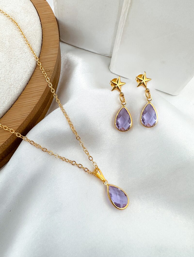 Conjunto Colar e Brinco Folheado a Ouro 18k e Prata Gota de Zircônia