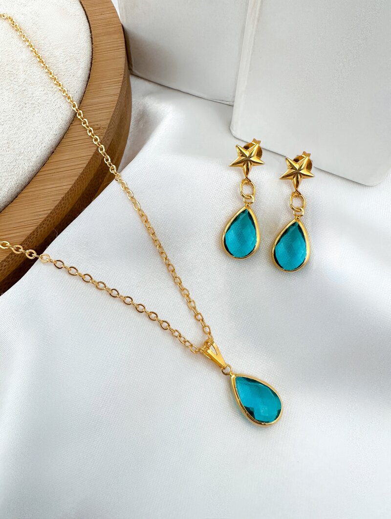 Conjunto Colar e Brinco Folheado a Ouro 18k e Prata Gota de Zircônia