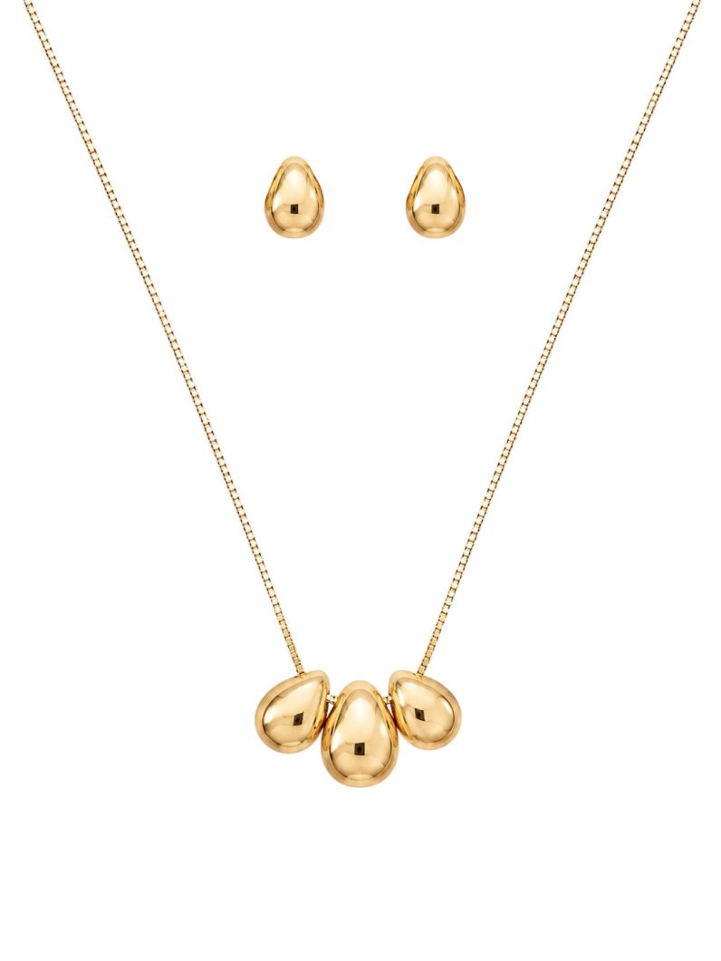 Conjunto Colar e Brinco Folheado a Ouro 18k e Prata Gota Lisa