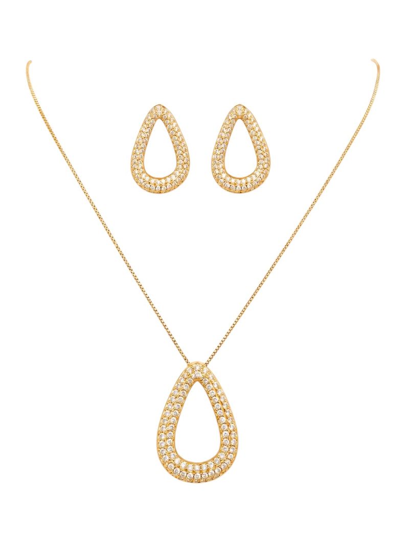 Conjunto Colar e Brinco Folheado a Ouro 18k e Prata Gota Vazada Cravejada