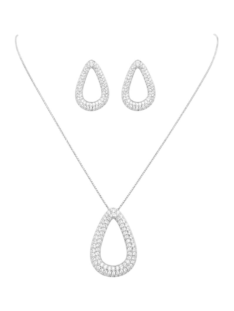 Conjunto Colar e Brinco Folheado a Ouro 18k e Prata Gota Vazada Cravejada