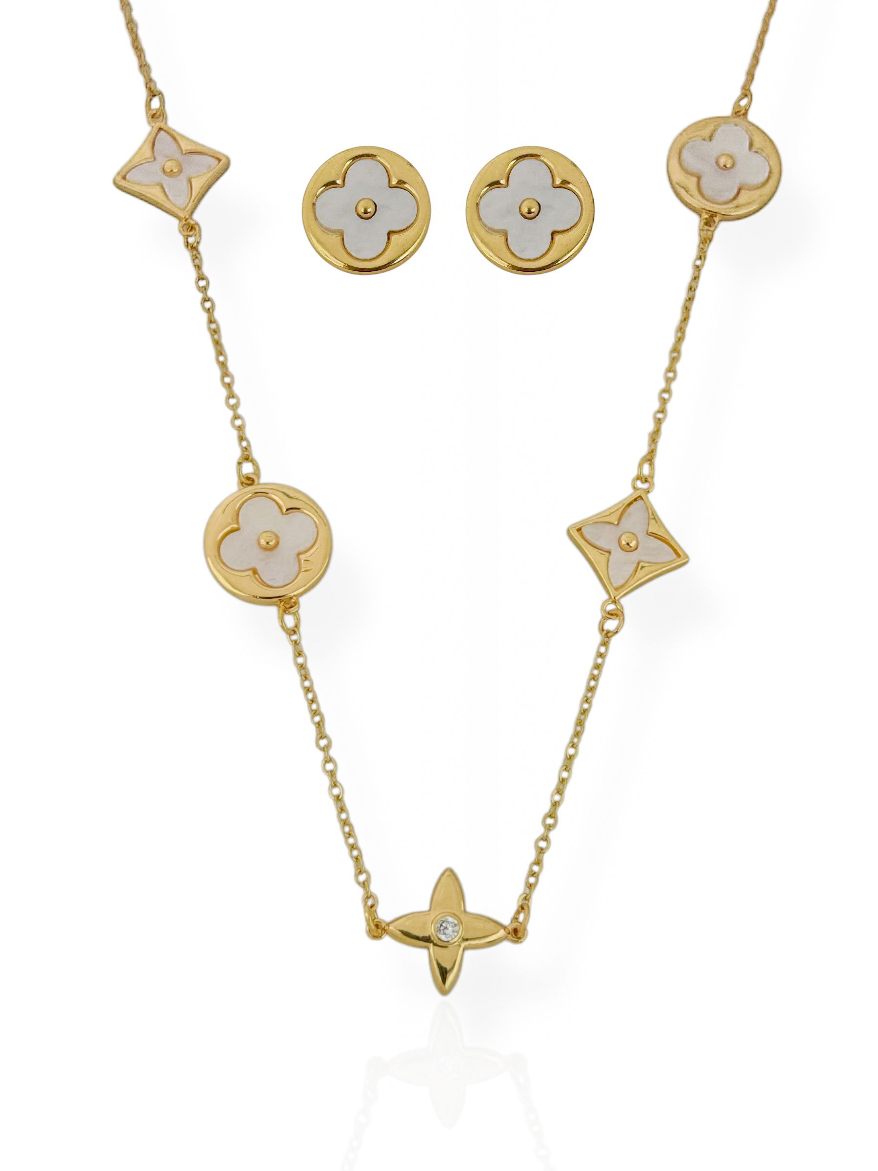 Conjunto Colar e Brinco Folheado a Ouro 18k e Prata Inspiração Com Resina