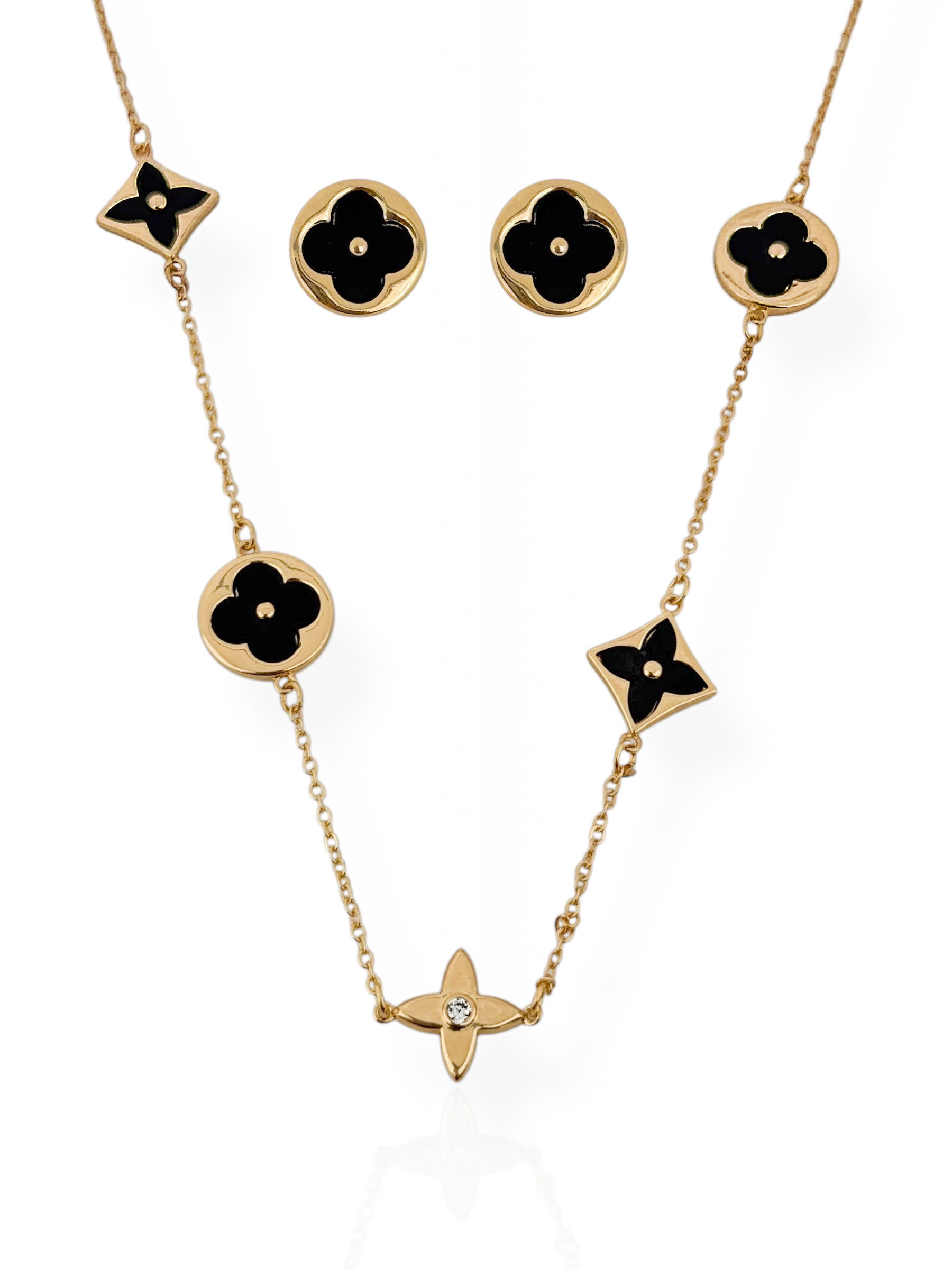 Conjunto Colar e Brinco Folheado a Ouro 18k e Prata Inspiração Com Resina